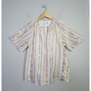 Greylin Womens M Cotton Blend Blouse Metallic Stripe Short Sleeve Beige